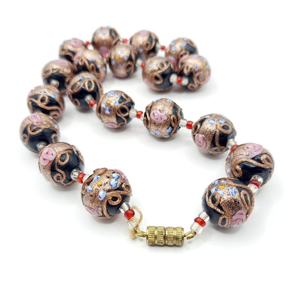 Vintage Wedding Cake Bead Necklace Millefiori Glass Goldtone Black Pink 15" READ - Picture 4 of 14